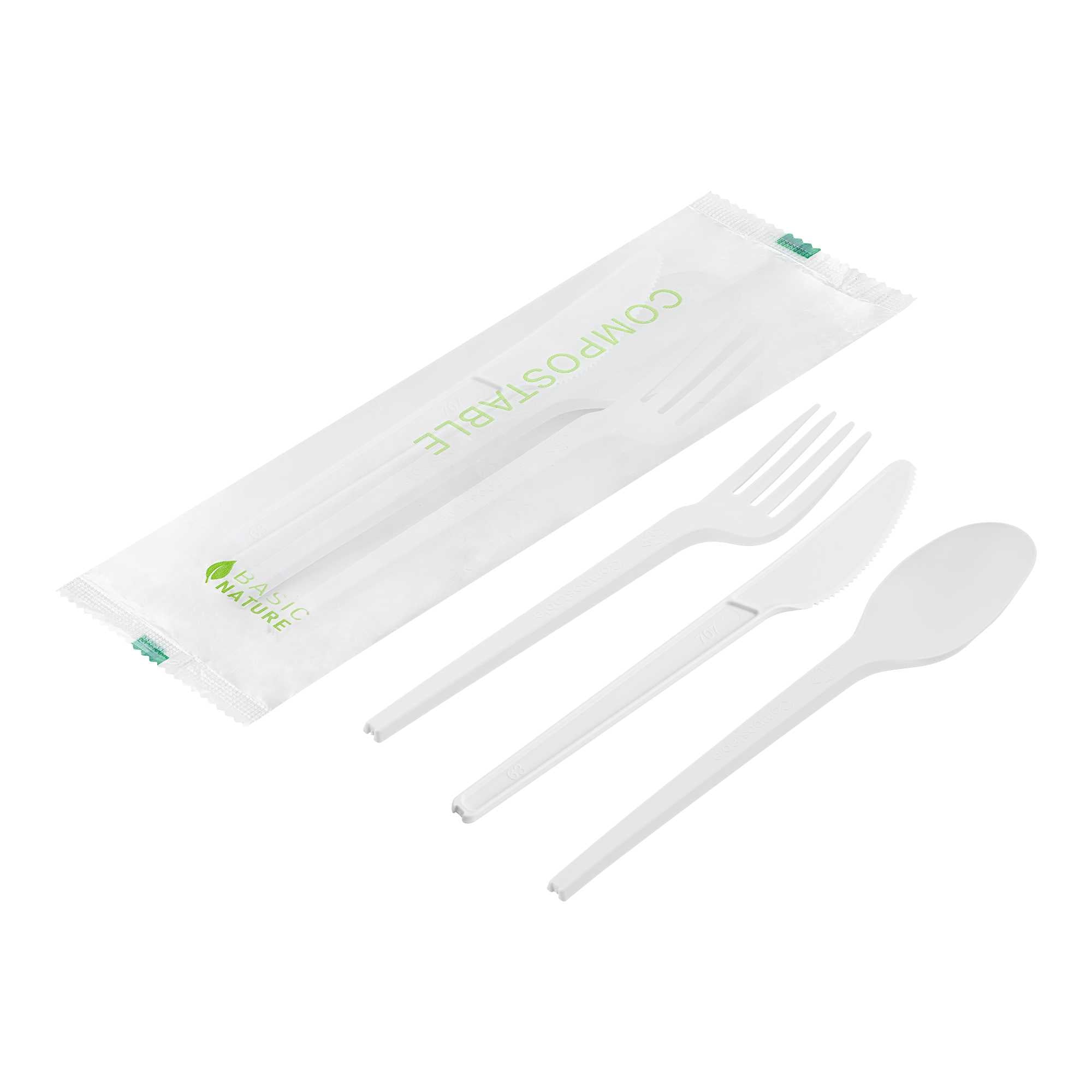 Basic Nature White CPLA Plastic Cutlery Set - Compostable Wrapper, Heat-Resistant - 6 1/2" - 100 count box