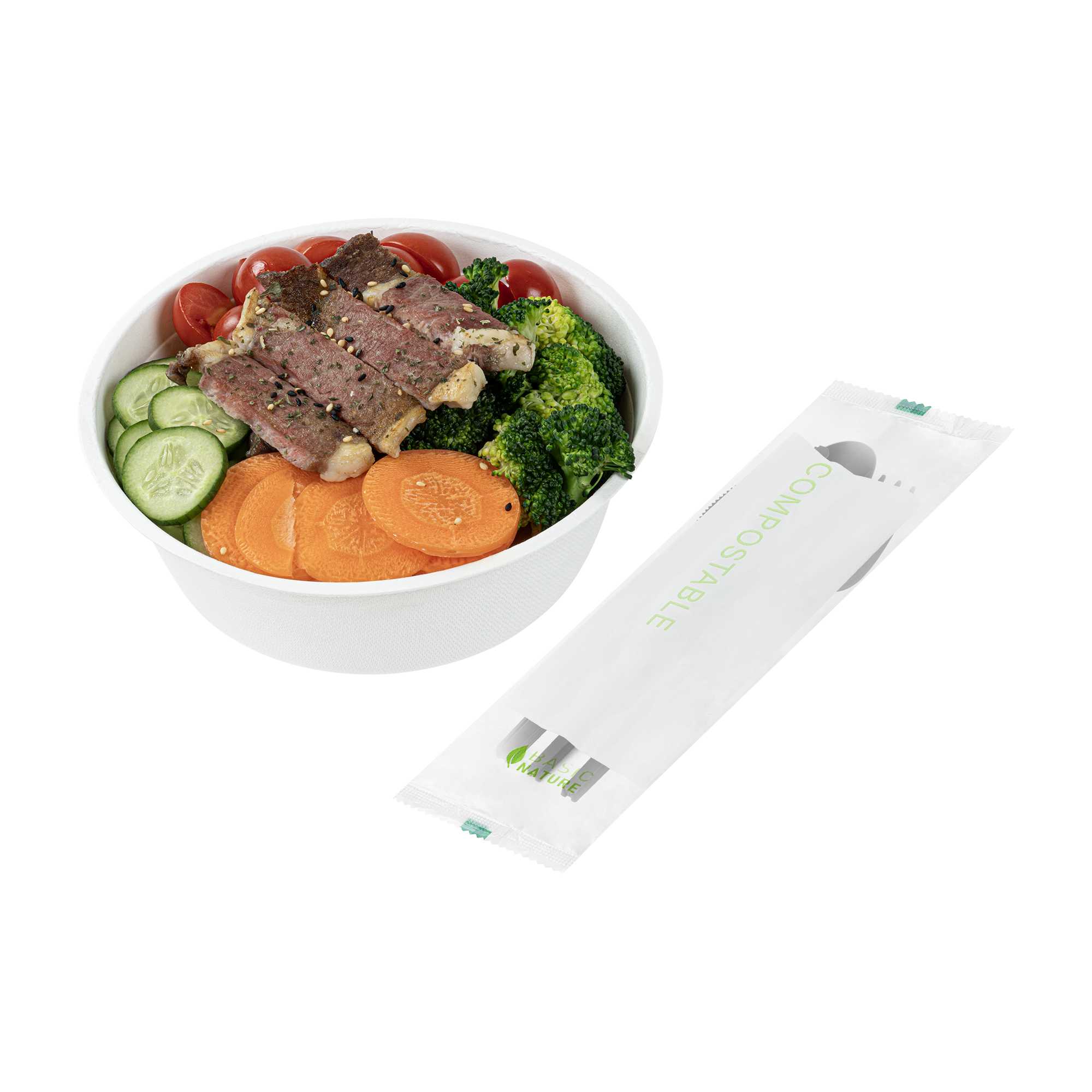 Basic Nature Black CPLA Plastic Cutlery Set - Compostable Wrapper, White Napkin, Heat-Resistant - 6 1/2" - 100 count box