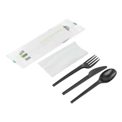 Basic Nature Black CPLA Plastic Cutlery Set - Compostable Wrapper, White Napkin, Heat-Resistant - 6 1/2