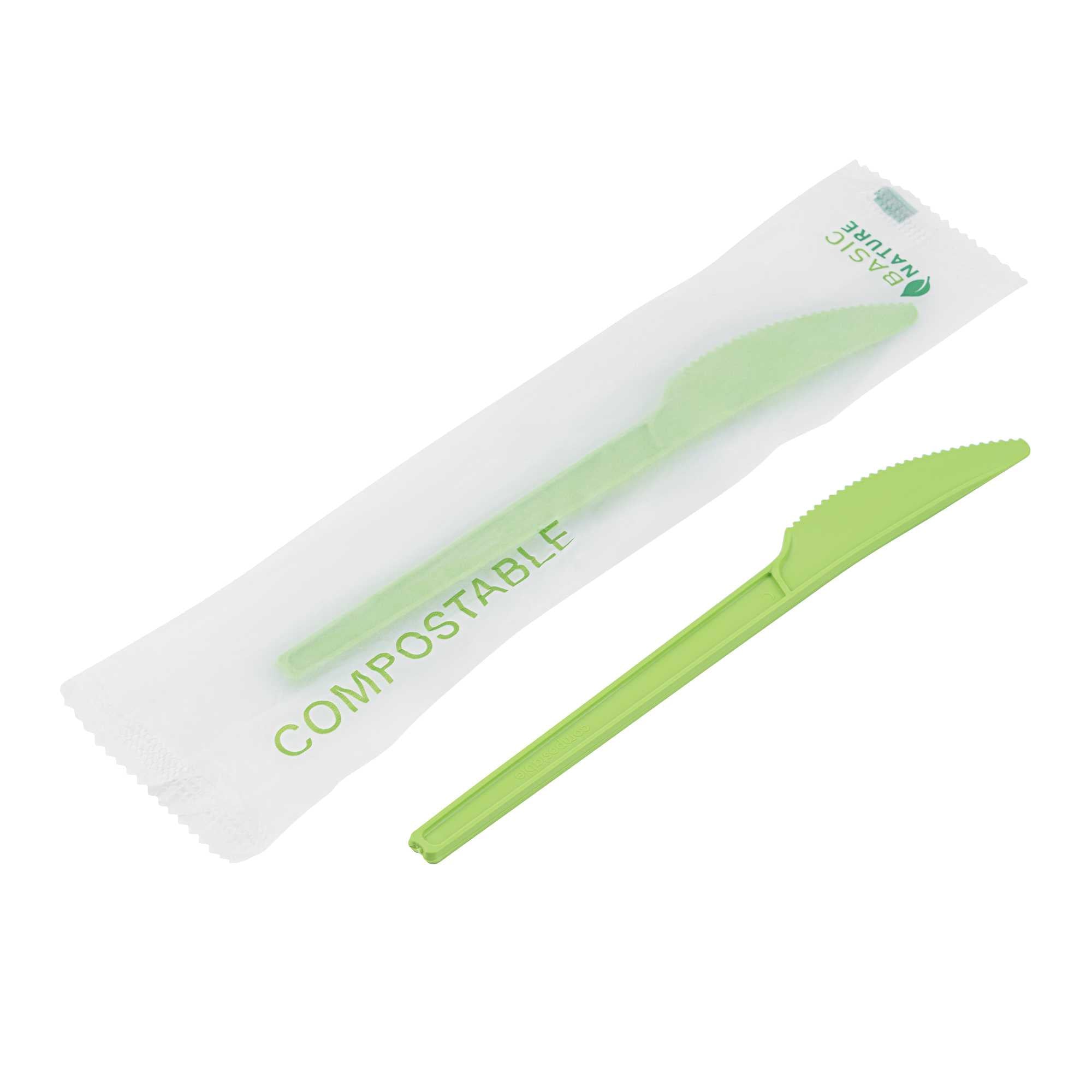 Basic Nature Green CPLA Plastic Knife - Compostable Wrapper, Heat-Resistant - 6 1/2" - 250 count box