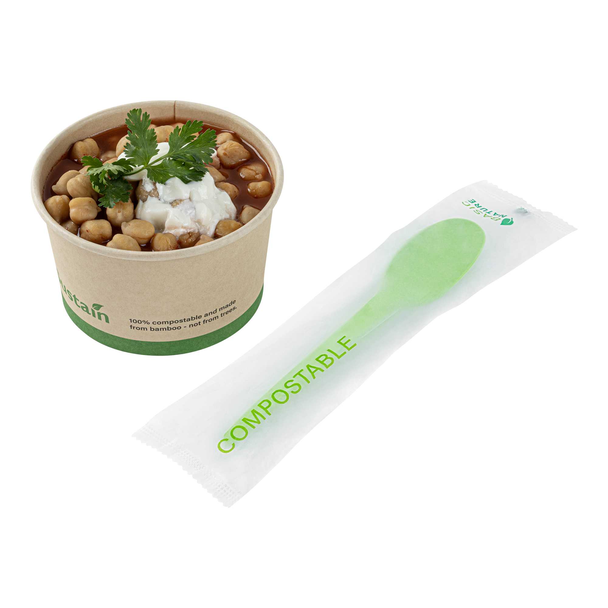 Basic Nature Green CPLA Plastic Spoon - Compostable Wrapper, Heat-Resistant - 6 1/2" - 250 count box