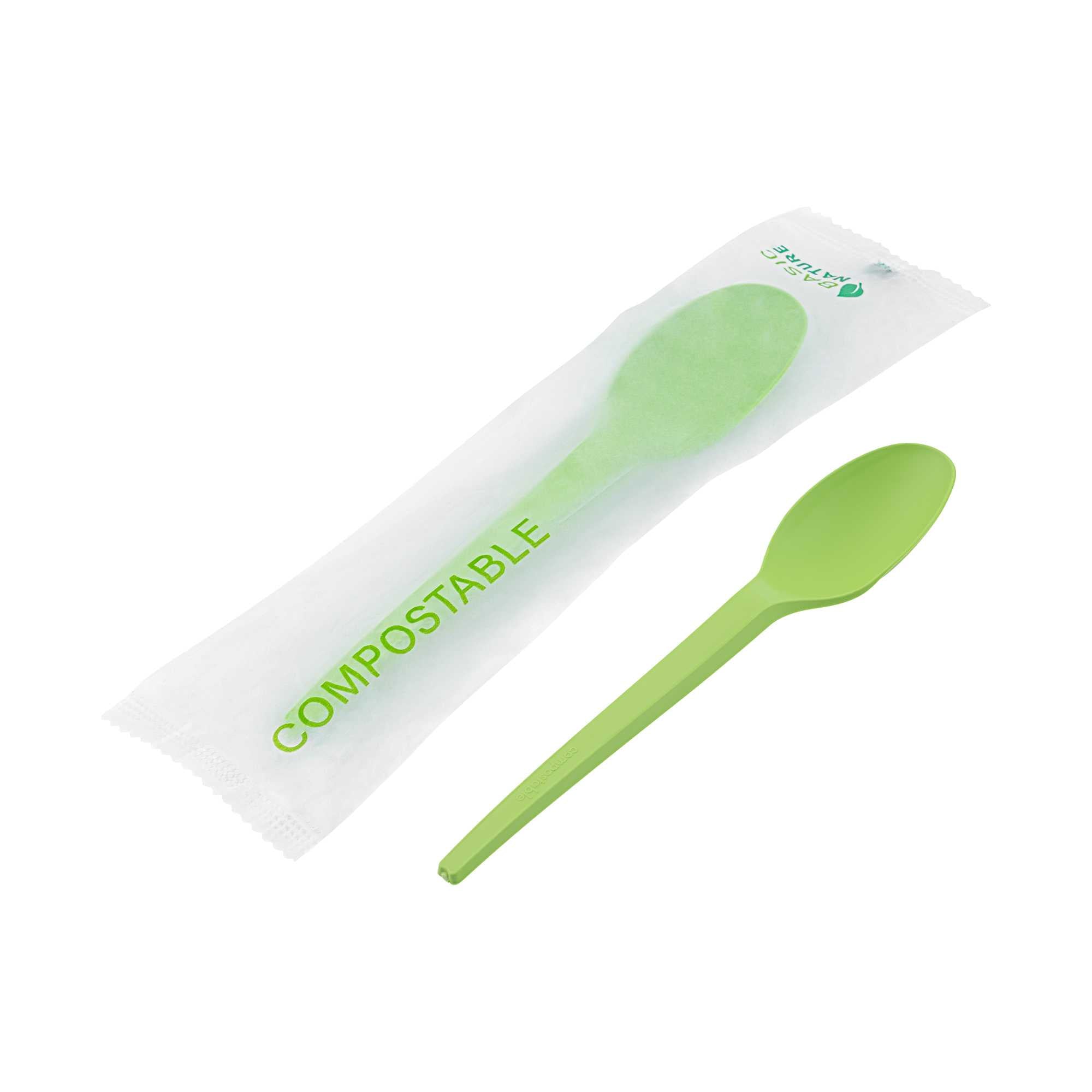 Basic Nature Green CPLA Plastic Spoon - Compostable Wrapper, Heat-Resistant - 6 1/2" - 250 count box
