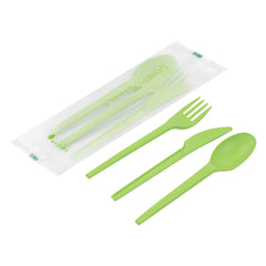 Basic Nature Green CPLA Plastic Cutlery Set - Compostable Wrapper, Heat-Resistant - 6 1/2