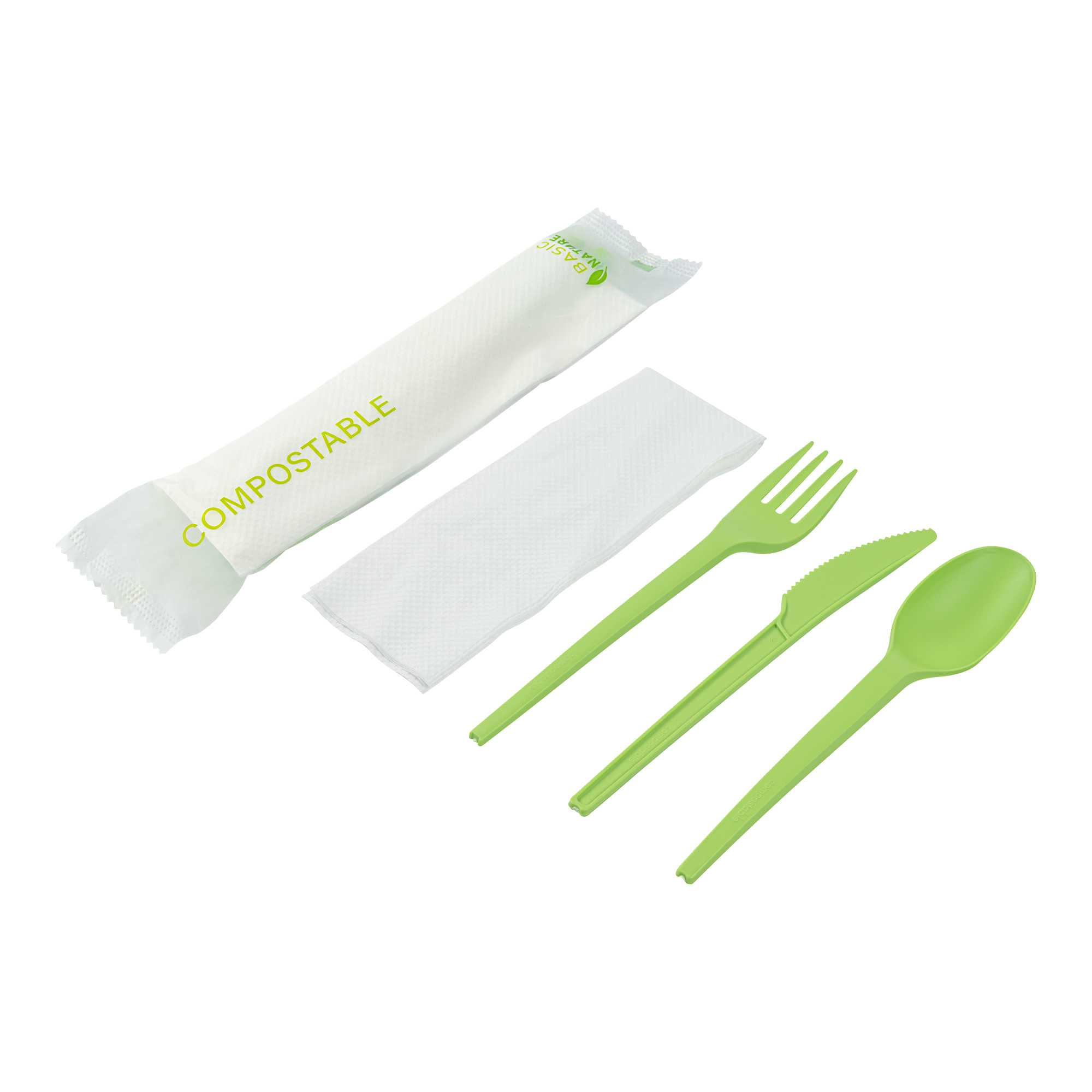 Basic Nature Green CPLA Plastic Cutlery Set - Compostable Wrapper, White Napkin, Heat-Resistant - 6 1/2" - 100 count box