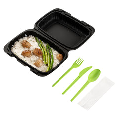 Basic Nature Green CPLA Plastic Cutlery Set - Compostable Wrapper, White Napkin, Heat-Resistant - 6 1/2