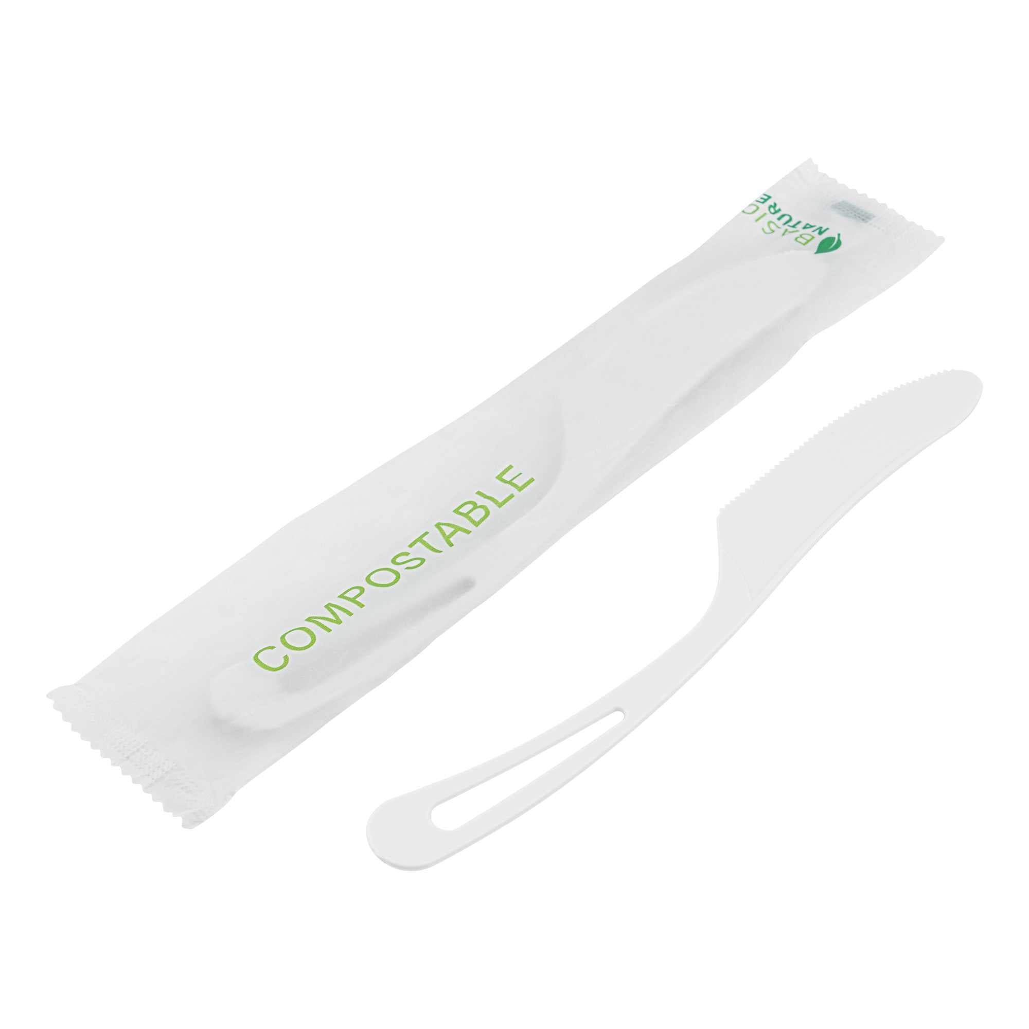 Basic Nature White CPLA Plastic Knife - Compostable Wrapper, Heat-Resistant - 7 1/2" - 500 count box