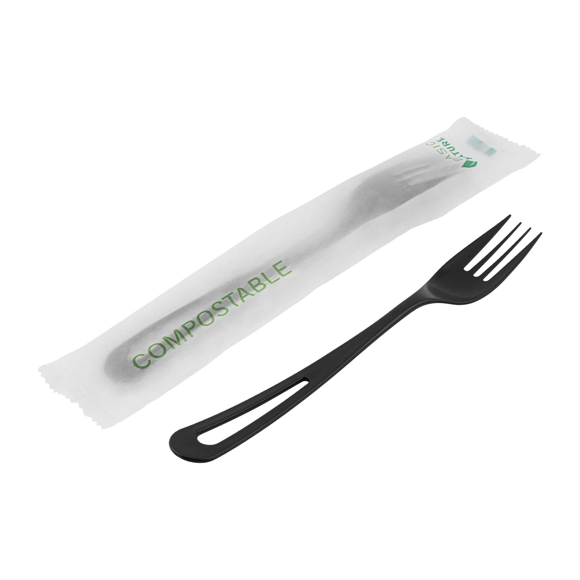 Basic Nature Black CPLA Plastic Fork - Compostable Wrapper, Heat-Resistant - 7 1/2" - 250 count box