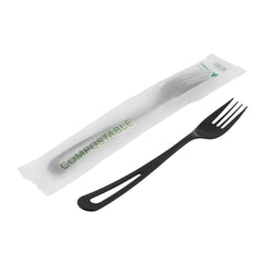 Basic Nature Black CPLA Plastic Fork - Compostable Wrapper, Heat-Resistant - 7 1/2