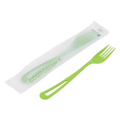 Basic Nature Green CPLA Plastic Fork - Compostable Wrapper, Heat-Resistant - 7 1/2