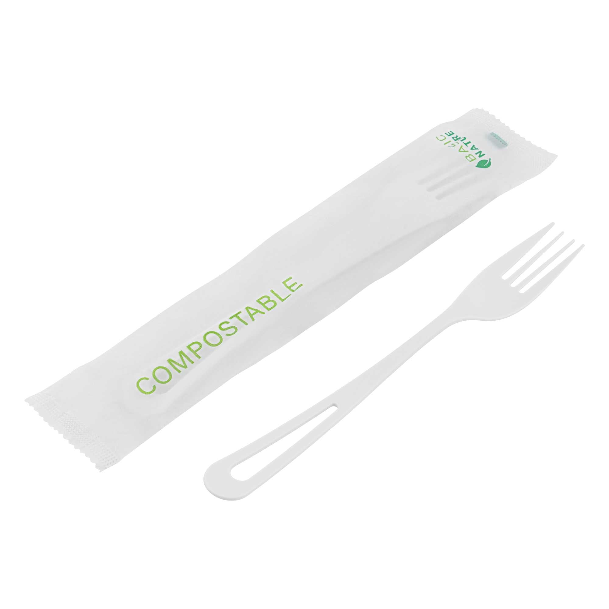 Basic Nature White CPLA Plastic Fork - Compostable Wrapper, Heat-Resistant - 7 1/2" - 500 count box