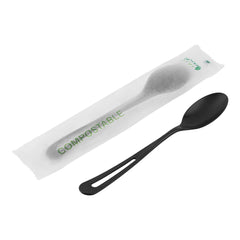 Basic Nature Black CPLA Plastic Spoon - Compostable Wrapper, Heat-Resistant - 7 1/2