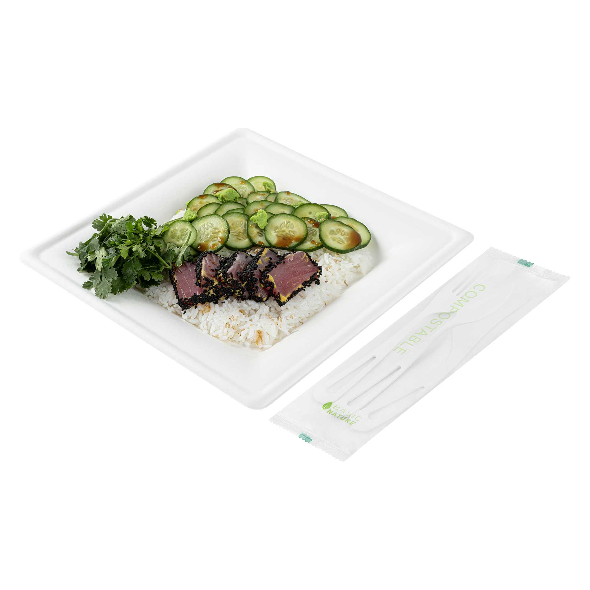 Basic Nature White CPLA Plastic Cutlery Set - Compostable Wrapper, Heat-Resistant - 7 1/2" - 100 count box