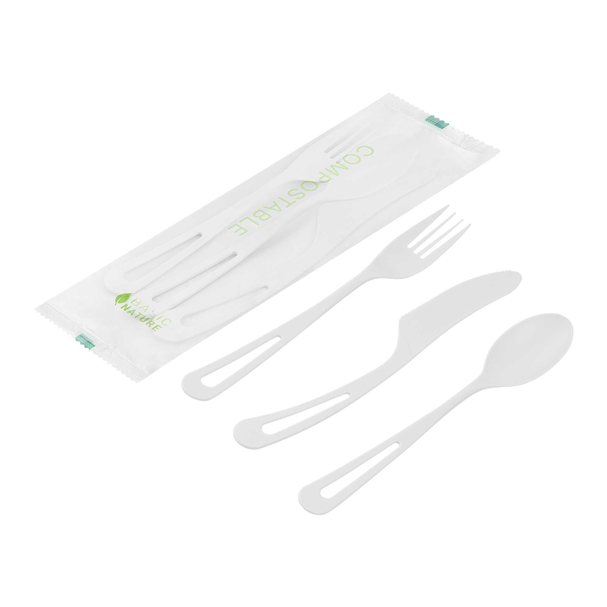 Basic Nature White CPLA Plastic Cutlery Set - Compostable Wrapper, Heat-Resistant - 7 1/2" - 100 count box