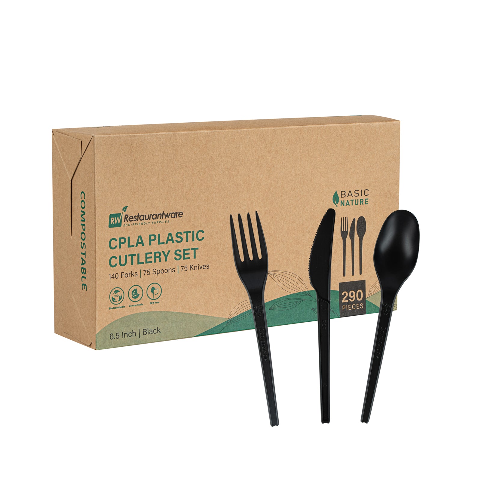 Basic Nature Black CPLA Plastic Cutlery Set - Heat-Resistant, Compostable - 6 1/2" - 290 count box