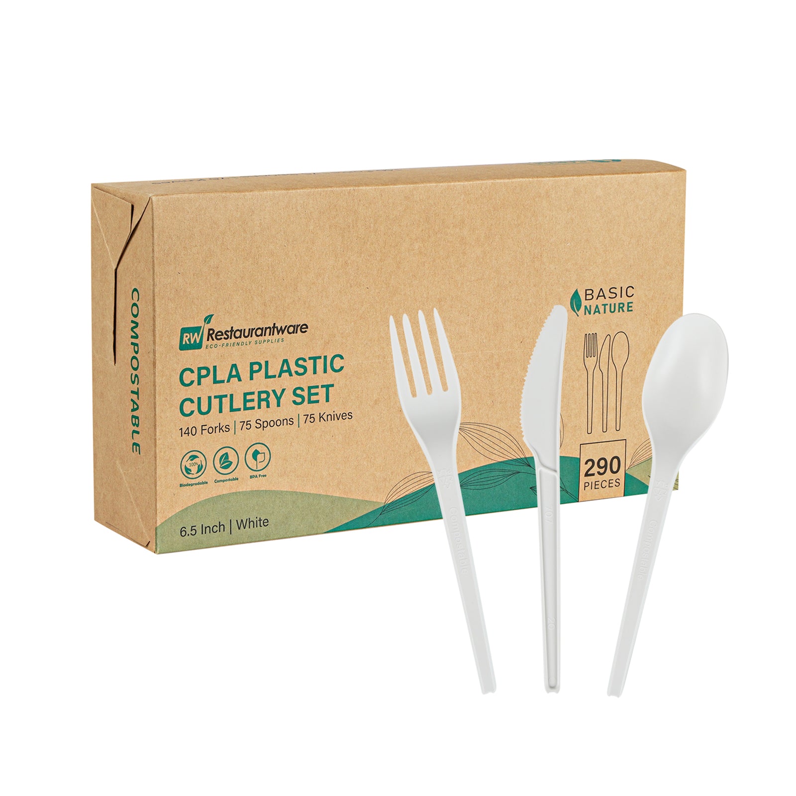 Basic Nature White CPLA Plastic Cutlery Set - Heat-Resistant, Compostable - 6 1/2" - 290 count box