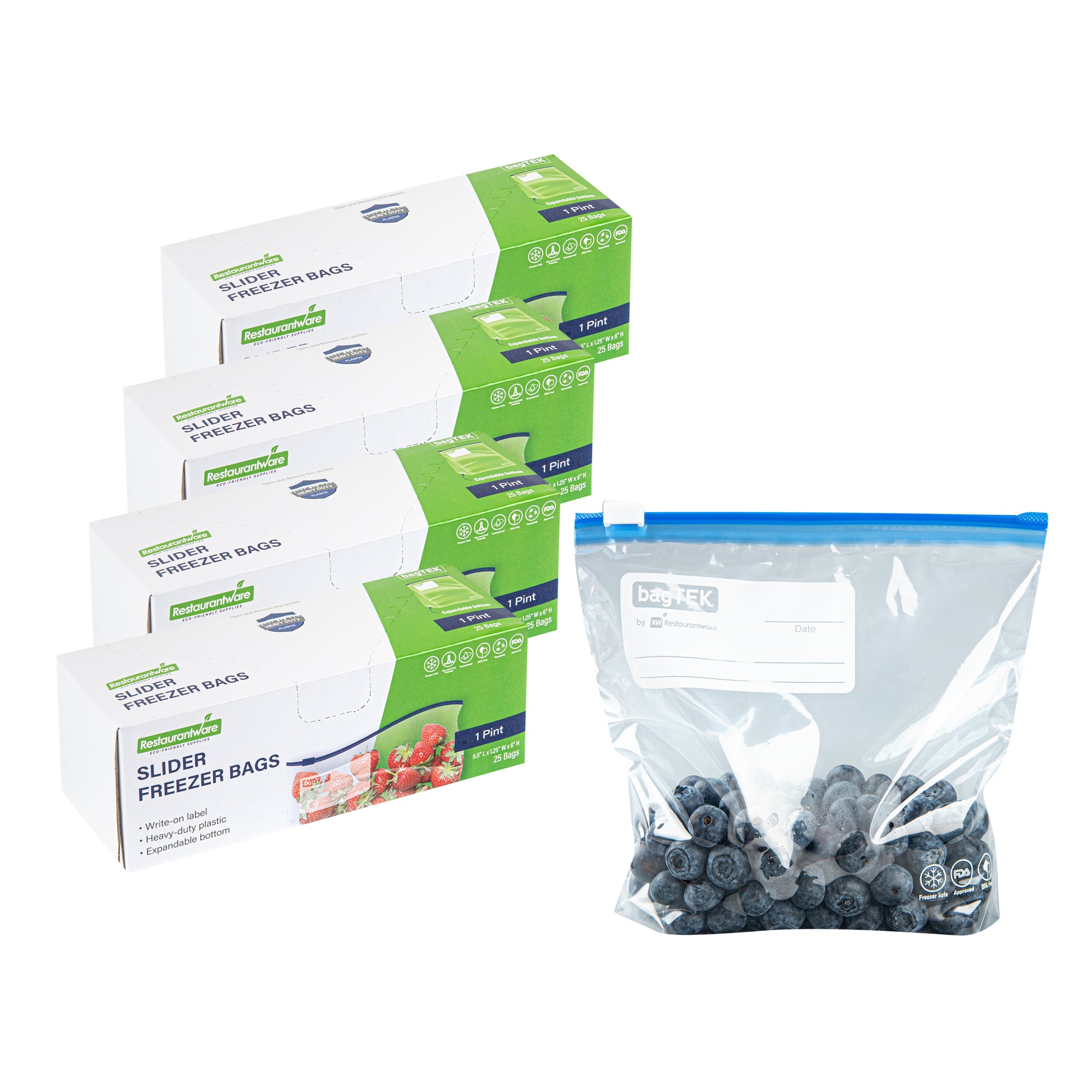 Bag Tek Pint Size Clear Plastic Slider Freezer Bag - Expandable Bottom, Write-On Label, BPA-Free - 6 1/2" x 1 1/4" x 6" - 25 count box