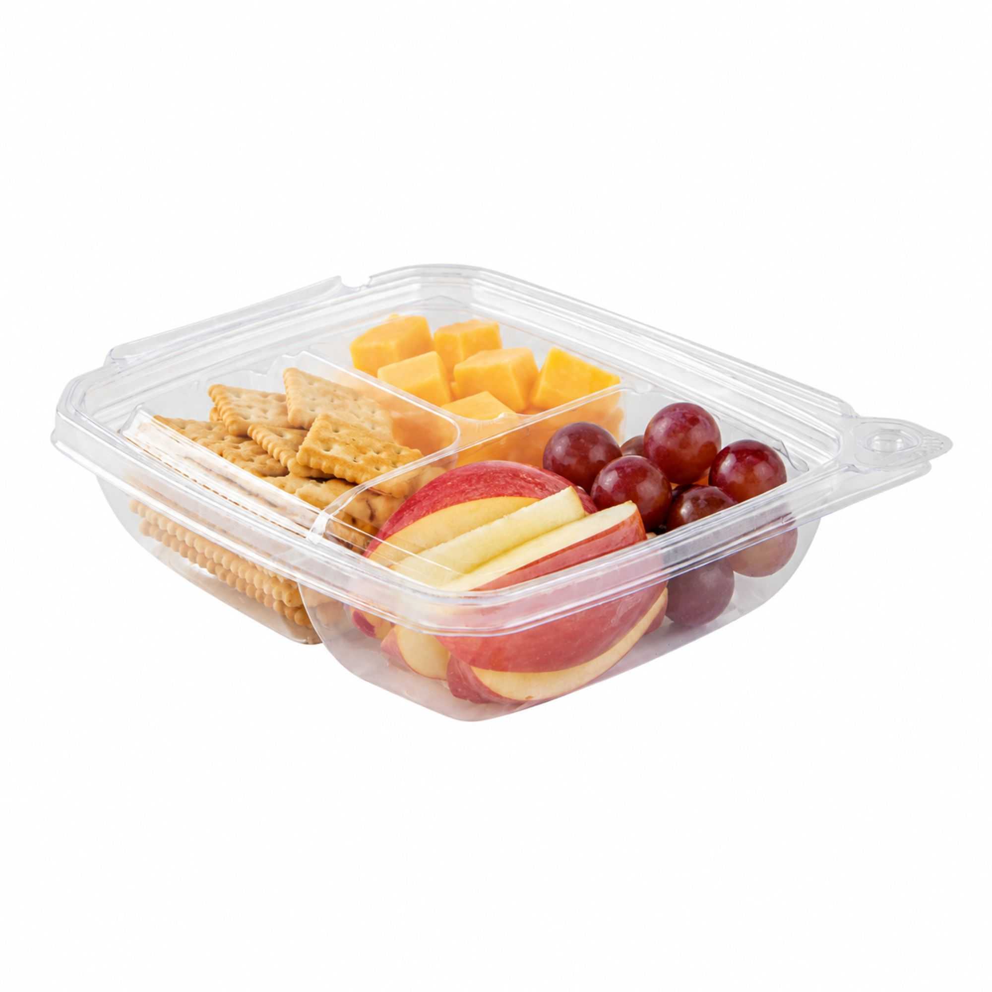 Tamper Tek 11 oz Rectangle Clear Plastic Container - with Lid, Tamper-Evident, 3 Compartments - 7" x 5 1/2" x 1 1/2" - 100 count box