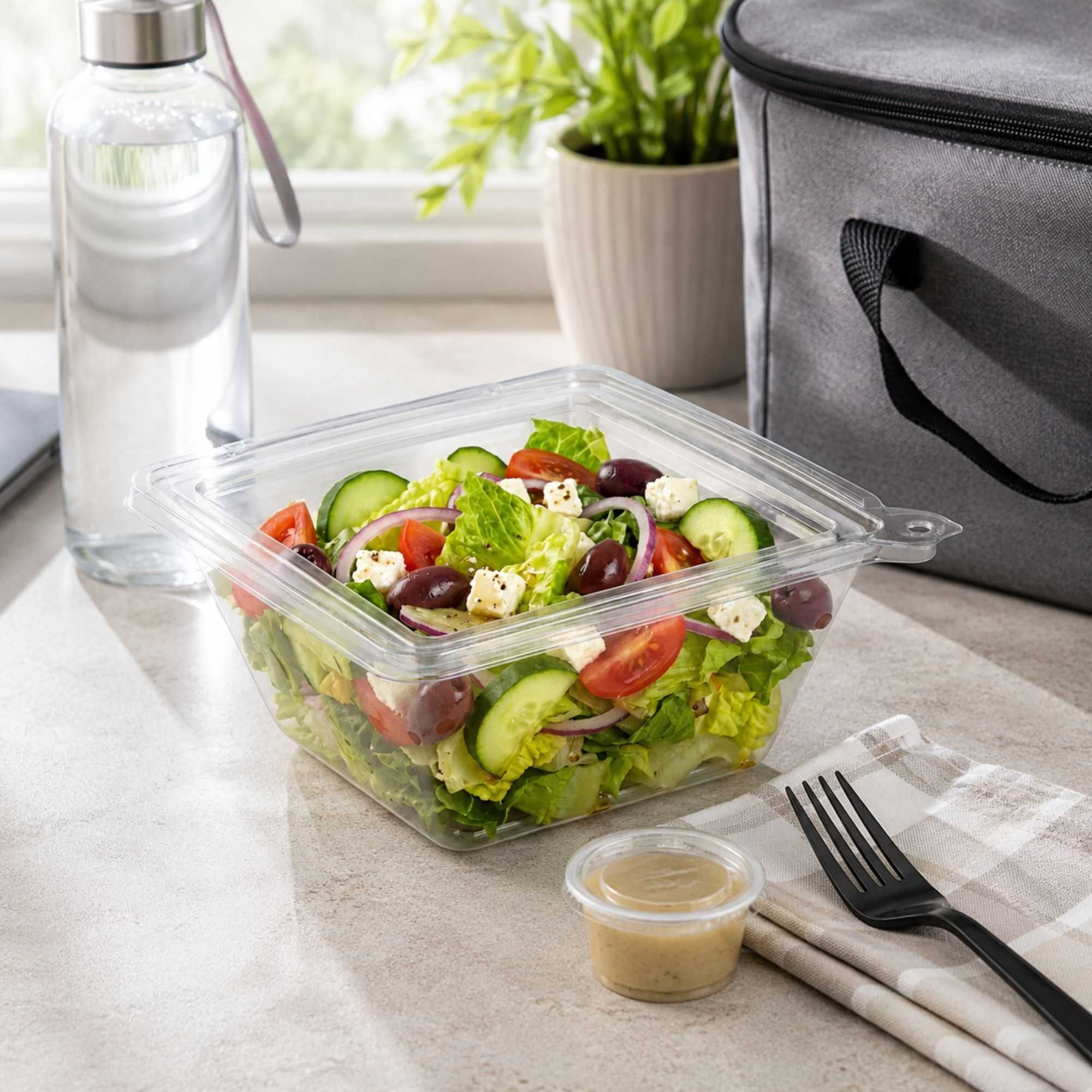 Tamper Tek 48 oz Square Clear Plastic Salad Bowl - with Lid, Tamper-Evident - 7 1/2" x 7 1/4" x 3 1/4" - 100 count box