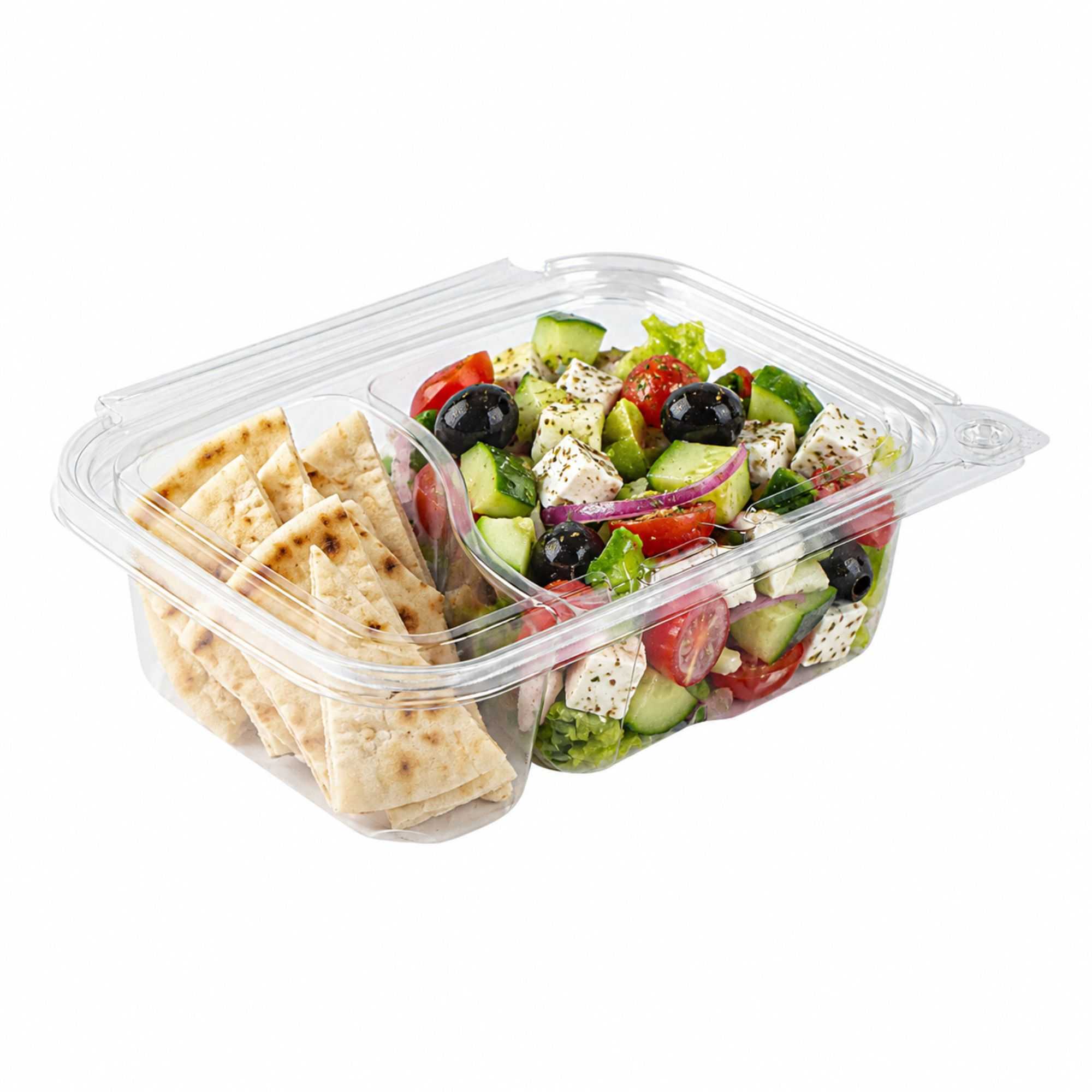 Tamper Tek 24 oz Rectangle Clear Plastic Container - with Lid, Tamper-Evident, 2 Compartments - 7 1/4" x 5 1/2" x 2 1/4" - 100 count box