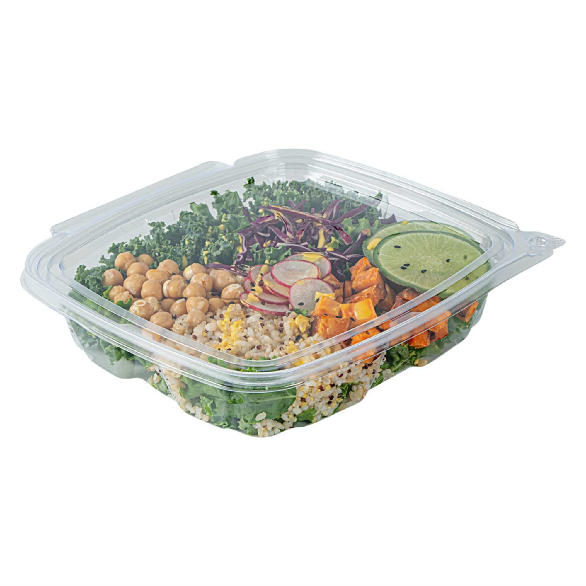 Tamper Tek 48 oz Rectangle Clear Plastic Salad Container - with Lid, Tamper-Evident - 8 3/4" x 7 3/4" x 1 3/4" - 100 count box