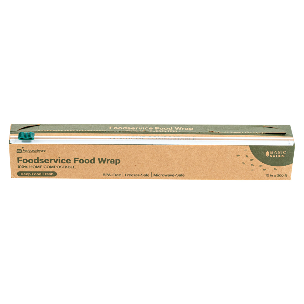 Basic Nature Clear Plastic Foodservice Food Wrap - Home Compostable, BPA-Free, Microwave-Safe - 12" x 200' - 1 count box