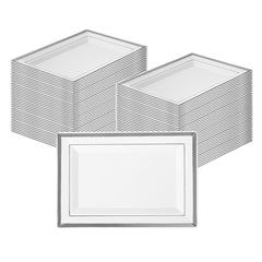 Moderna Rectangle White Plastic Silver-Rimmed Plate - 7 1/2