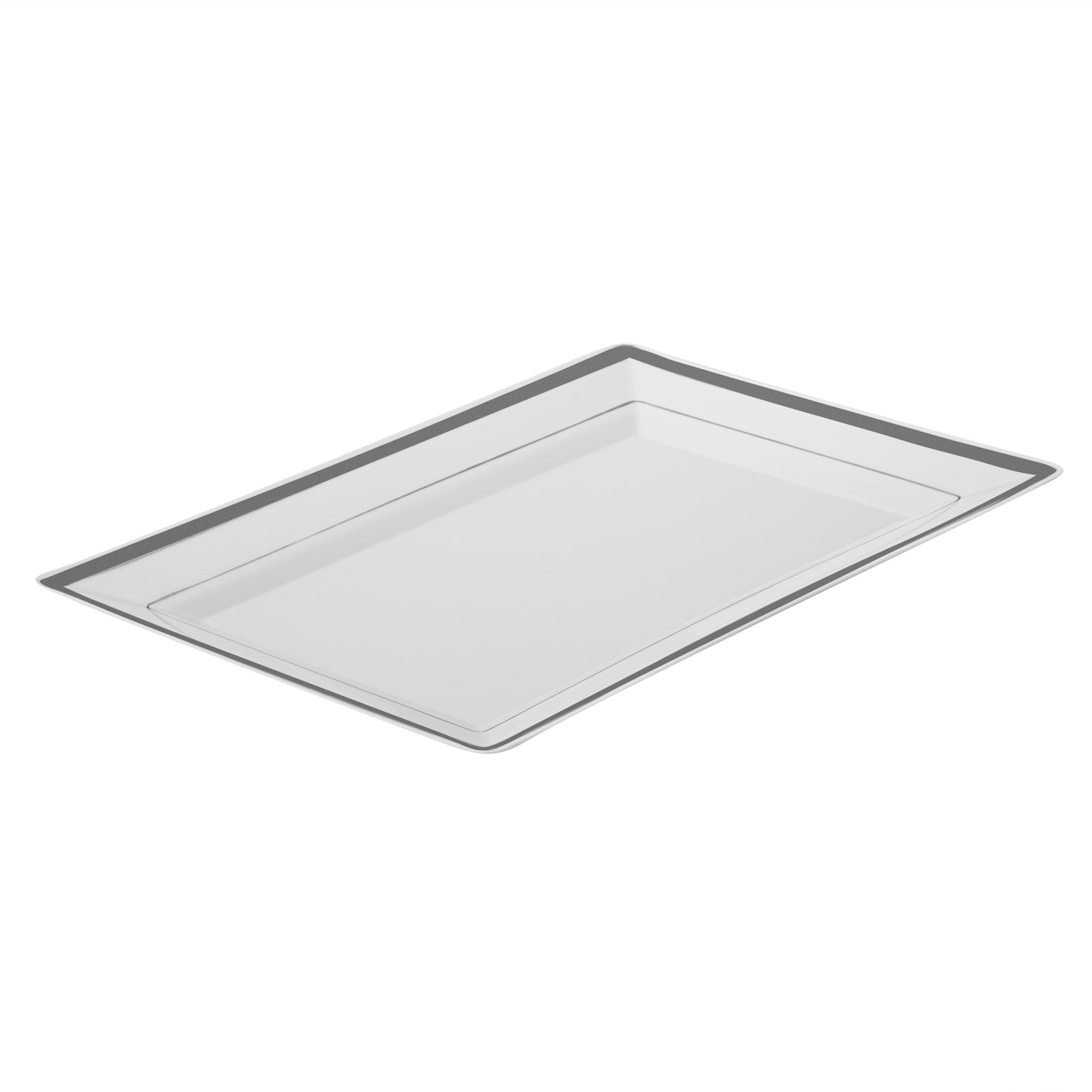 Moderna Rectangle White Plastic Silver-Rimmed Plate - 9 1/2" x 6 1/4" x 1/2" - 10 count box