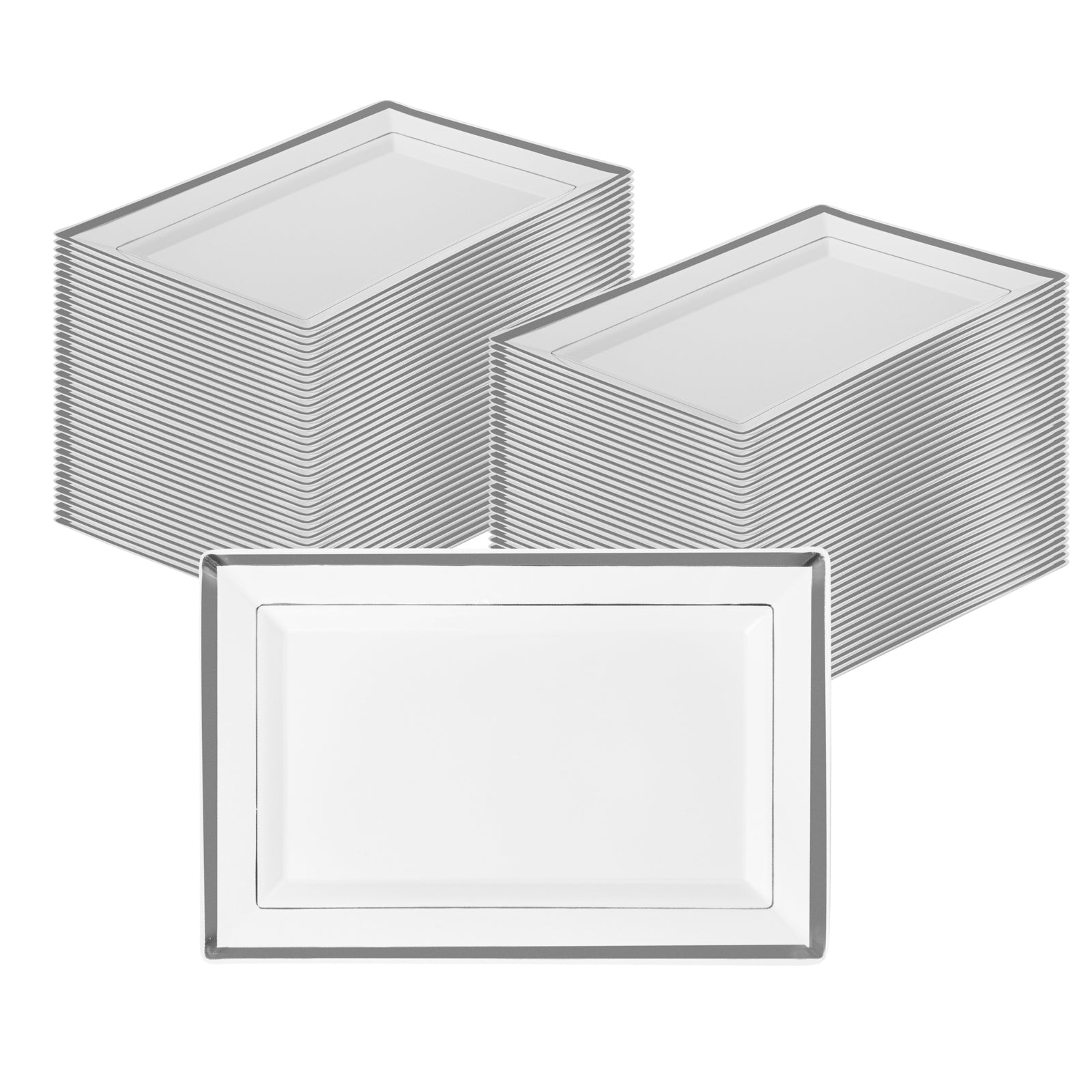 Moderna Rectangle White Plastic Silver-Rimmed Plate - 9 1/2" x 6 1/4" x 1/2" - 10 count box