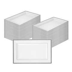 Moderna Rectangle White Plastic Silver-Rimmed Plate - 11 1/2
