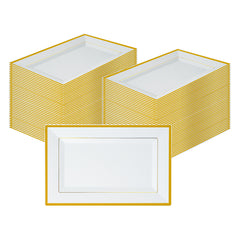Moderna Rectangle White Plastic Gold-Rimmed Plate - 12 3/4