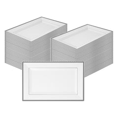 Moderna Rectangle White Plastic Silver-Rimmed Plate - 12 3/4