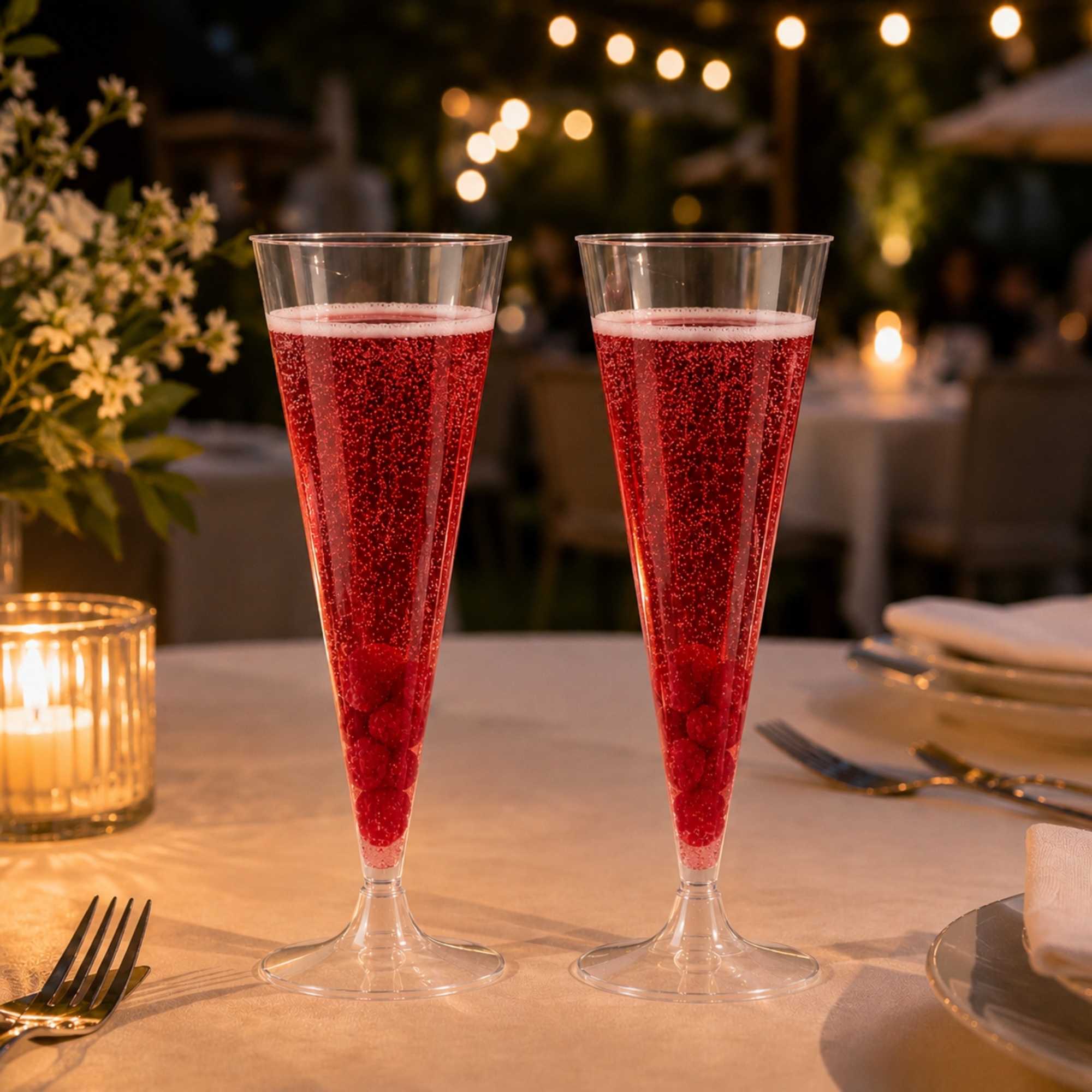 Chef 101 7 oz Clear Plastic Long Champagne Flute - 2 3/4" x 2 3/4" x 6 3/4" - 100 count box