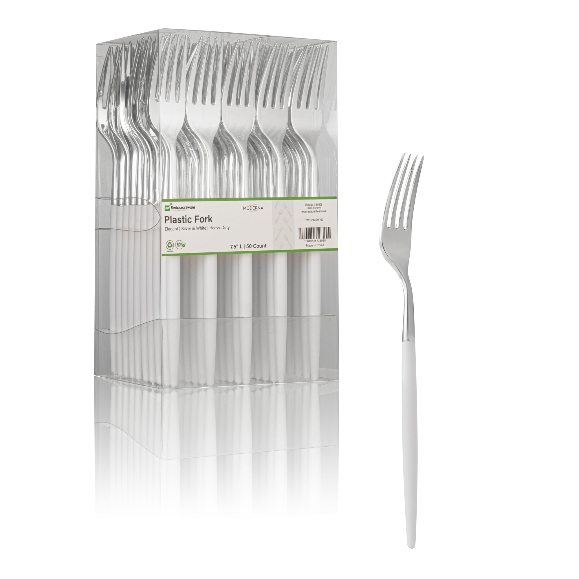 Moderna Silver Plastic Fork - with White Handle - 7 1/2" - 500 count box