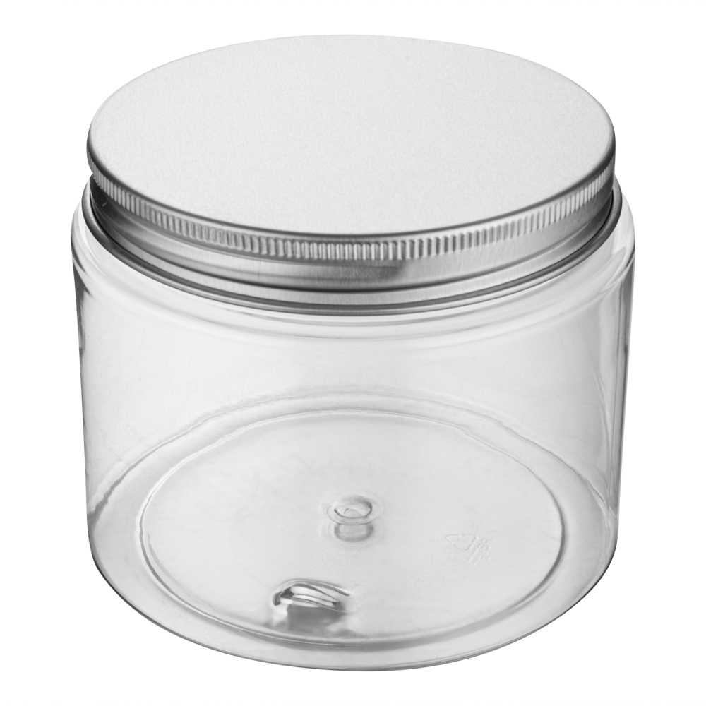 Chef 101 16 oz Round Clear Plastic Candy and Snack Jar - with Silver Aluminum Lid - 3 3/4" x 3 3/4" x 3" - 100 count box
