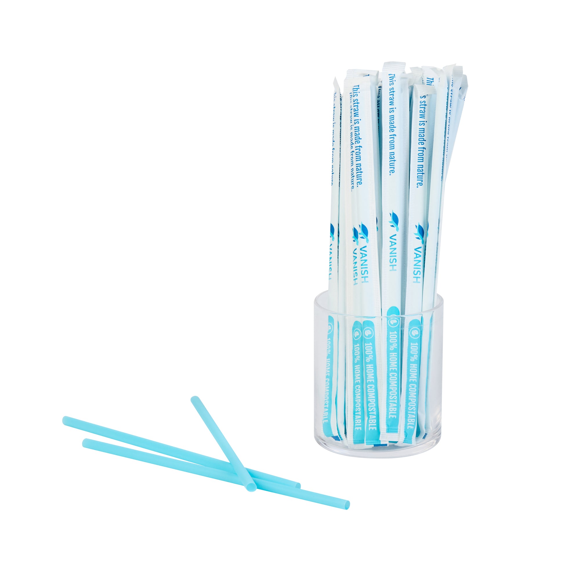 Vanish Blue PHA Plastic Straw - Wrapped, Compostable - 7 3/4" - 100 count box