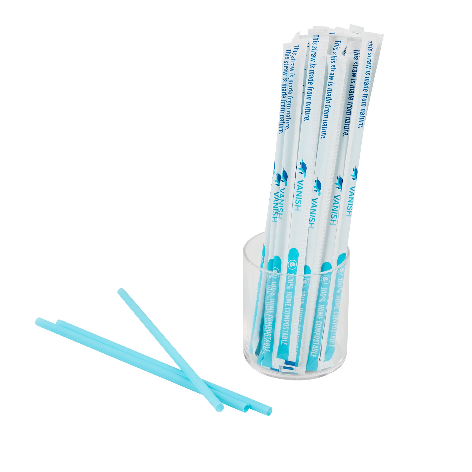 Vanish Blue PHA Plastic Straw - Wrapped, Compostable - 8 1/4" - 1000 count box