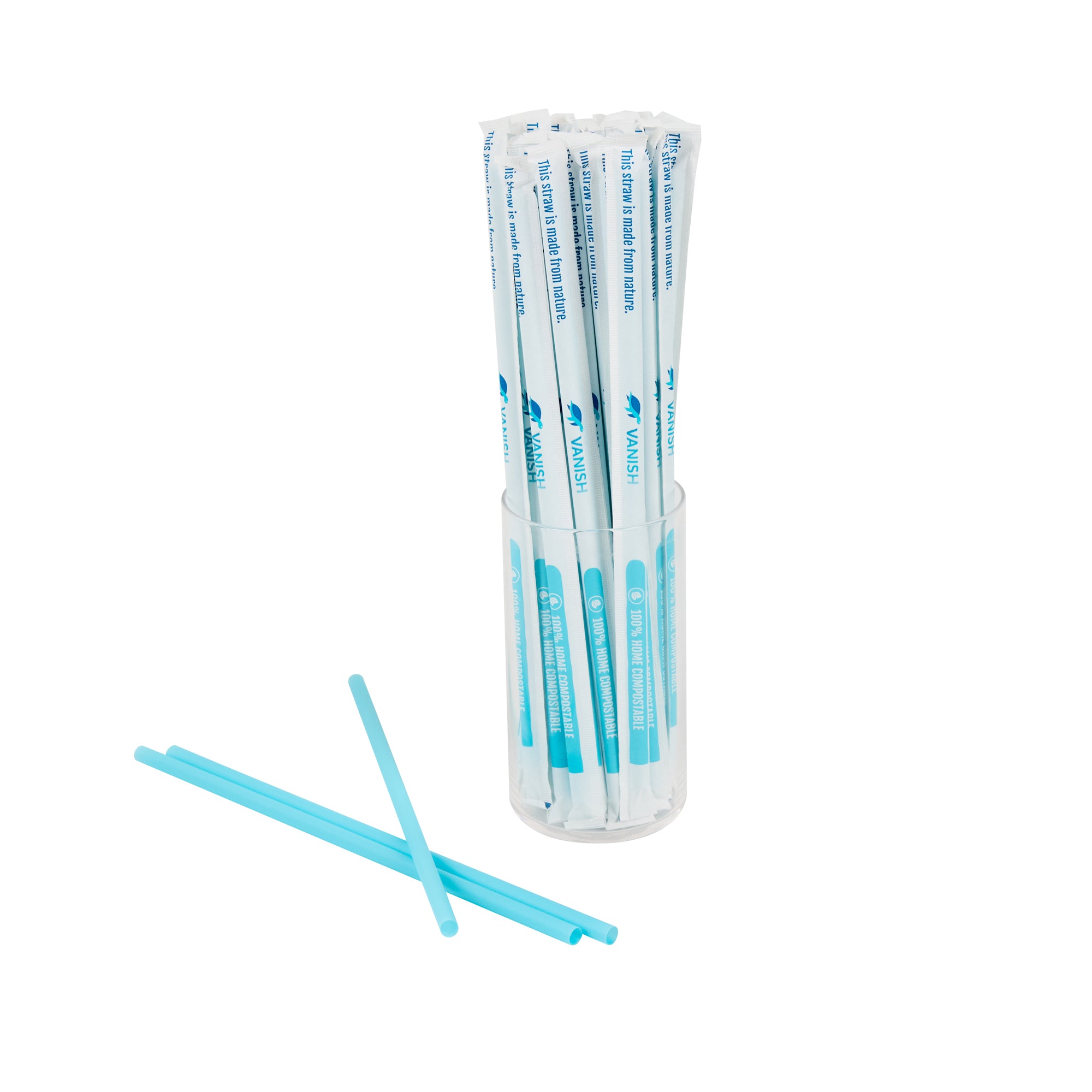 Vanish Blue PHA Plastic Straw - Wrapped, Compostable - 10 1/4" - 100 count box