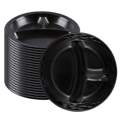 Chef 101 Round Black Plastic Plate - 3 Compartments, Microwavable - 9