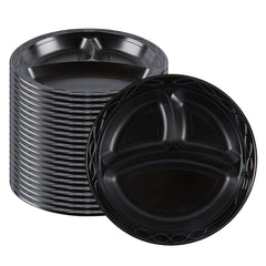 Chef 101 Round Black Plastic Plate - 3 Compartments, Microwavable - 10 1/4