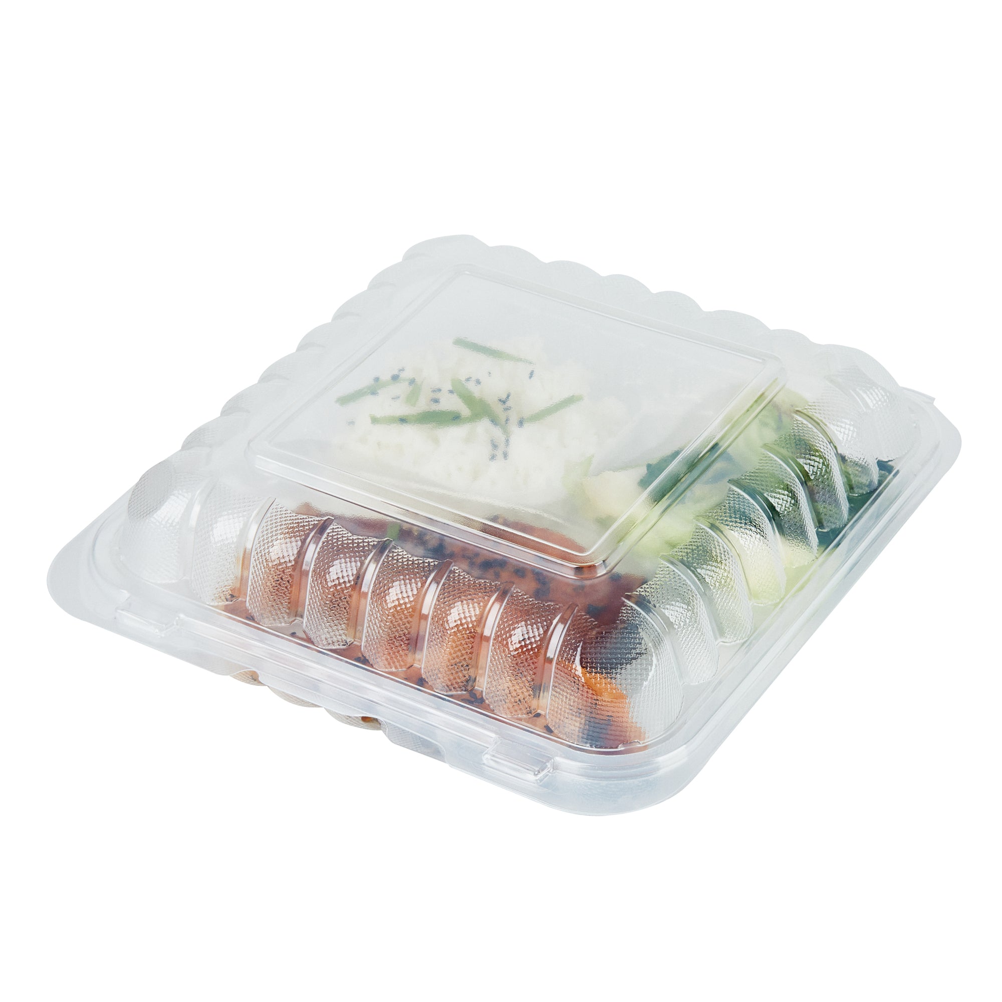 Chef 101 40 oz Square Clear Plastic Clamshell Container - 3 Compartments, Microwavable - 9" x 9" x 3" - 100 count box