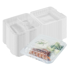 Chef 101 40 oz Square Clear Plastic Clamshell Container - 3 Compartments, Microwavable - 9