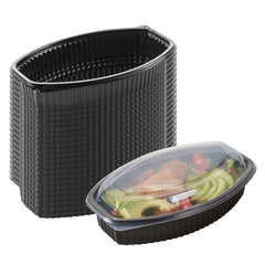 Chef 101 28 oz Oval Black Plastic Food Container - with Clear Lid, Microwavable - 9 1/4