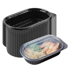 Chef 101 32 oz Oval Black Plastic Food Container - with Clear Dome Lid, Microwavable - 9 1/4