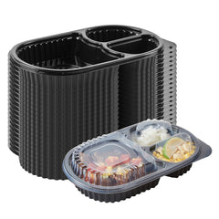 Chef 101 19 oz Oval Black Plastic Food Container - with Clear Lid, 3 Compartments, Microwavable - 9 1/4