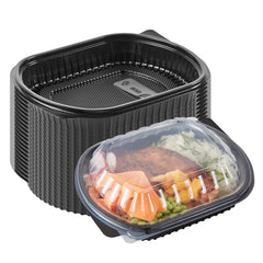 Chef 101 34 oz Oval Black Plastic Food Container - with Clear Lid, Microwavable - 9 1/2