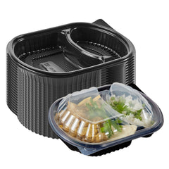 Chef 101 28 oz Oval Black Plastic Food Container - with Clear Lid, 2 Compartments, Microwavable - 9 1/2