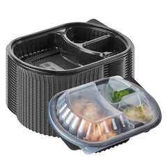 Chef 101 27 oz Oval Black Plastic Food Container - with Clear Lid, 3 Compartments, Microwavable - 9 1/2