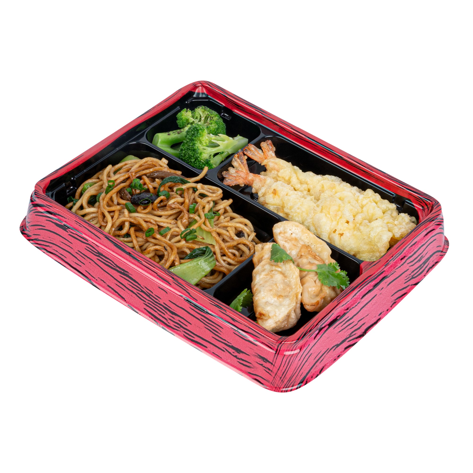 Bento Tek 15 oz Rectangle Red and Black Plastic Bento Box - 4 Compartments - 8 3/4'' x 7 1/2'' x 1 1/2'' - 50 count box