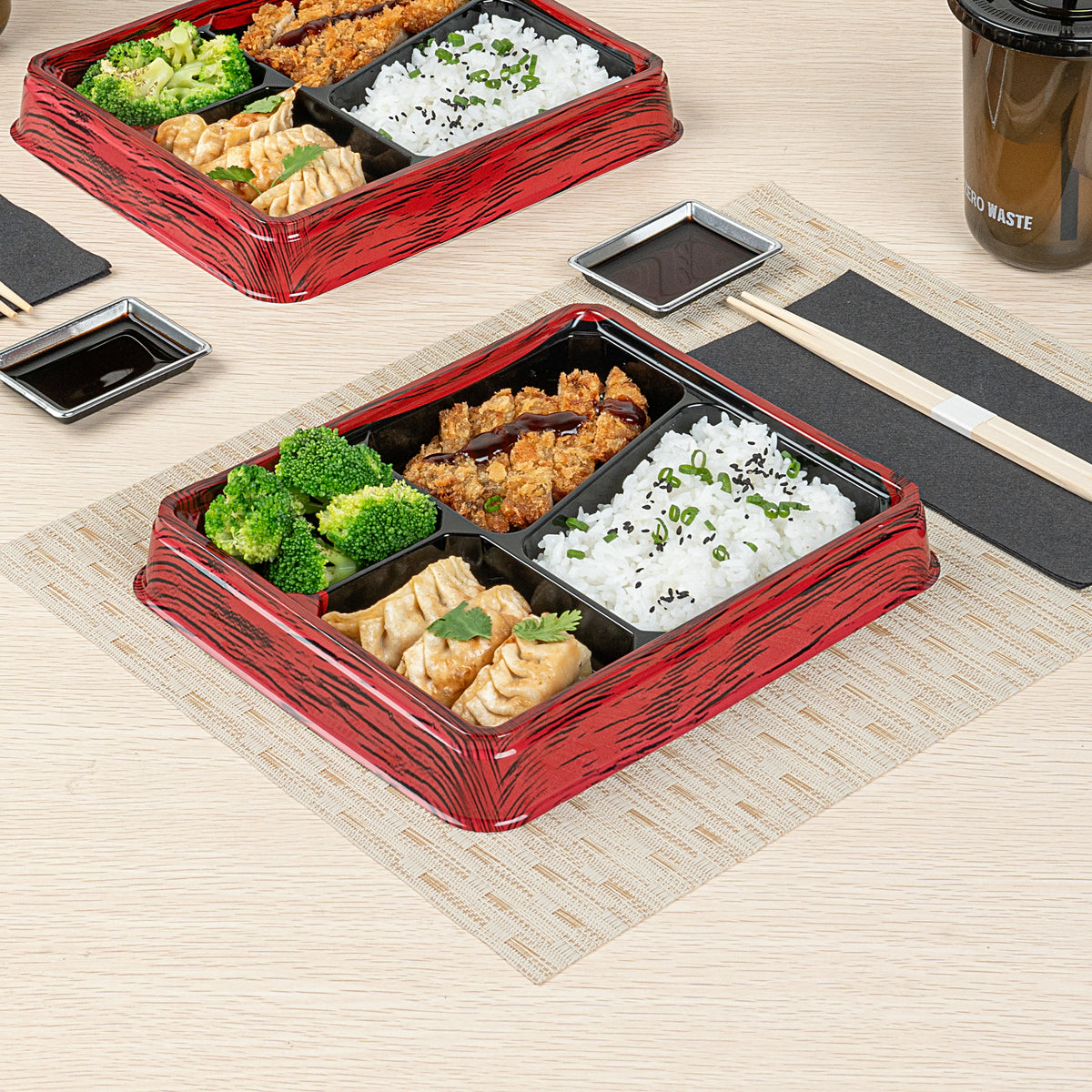 Bento Tek 19 oz Rectangle Red and Black Plastic Bento Box - 4 Compartments - 9 1/4" x 7 3/4" x 1 1/4" - 100 count box