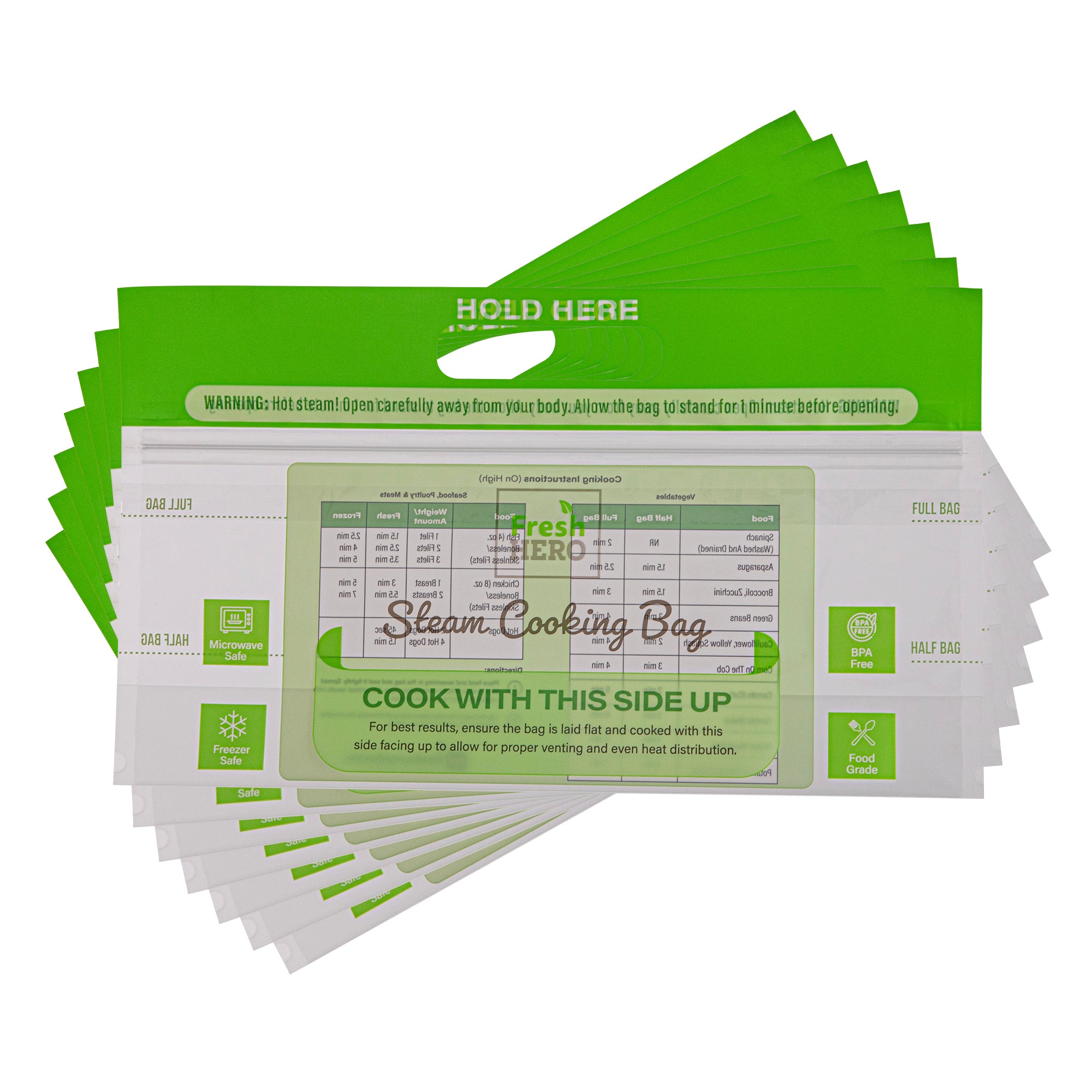 Fresh Hero Green Plastic Steam Bag - Microwave-Safe, BPA-Free - 12 3/4" x 7 1/2" - 25 count box
